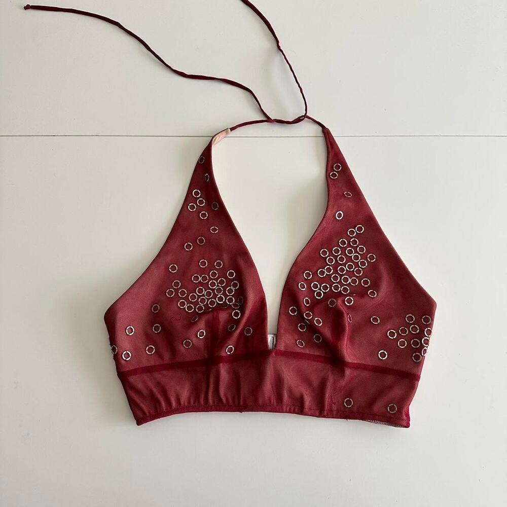 reworked BCBG Maxazria burgundy mesh halter top with silver metal rings - Picture 9 of 9